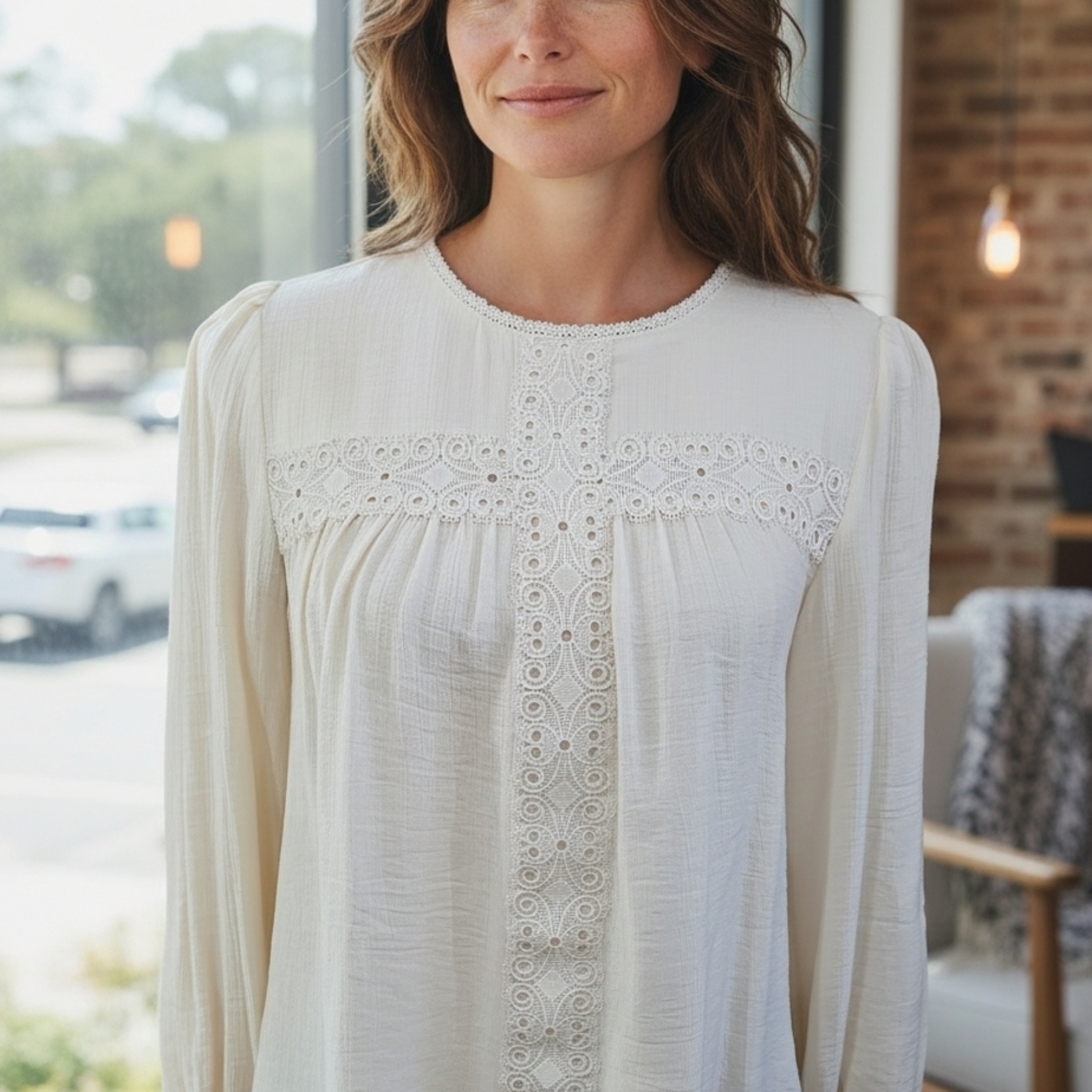 Mine Cream Lace Accent Women's Blouse